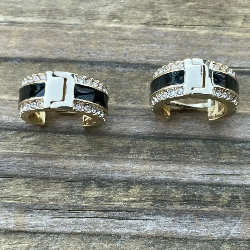 DKNY Women Earrings GoldBlack Tone Crystal Accent Hinge Ladies Ear Jewelry New - Picture 8 of 12